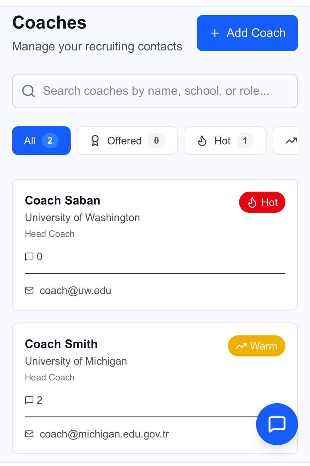 Coach CRM showing pipeline of hot and warm coaches